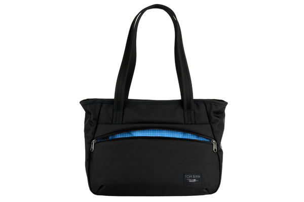 Photo of the Nomad Tote in Black Ballistic with Island (blue with white grid) 200 Halcyon interior.
